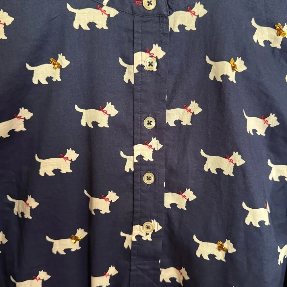 Talbots Scotty Dog Novelty Print Navy Peasant Top Size Large Sequin Detail - Picture 5 of 11